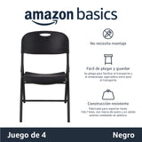 Amazon Basics Juego de 4 sillas plegables de plástico y metal, sillas de camping, sillas de cocina, para interiores y exteriores, color negro, hasta 158 kg