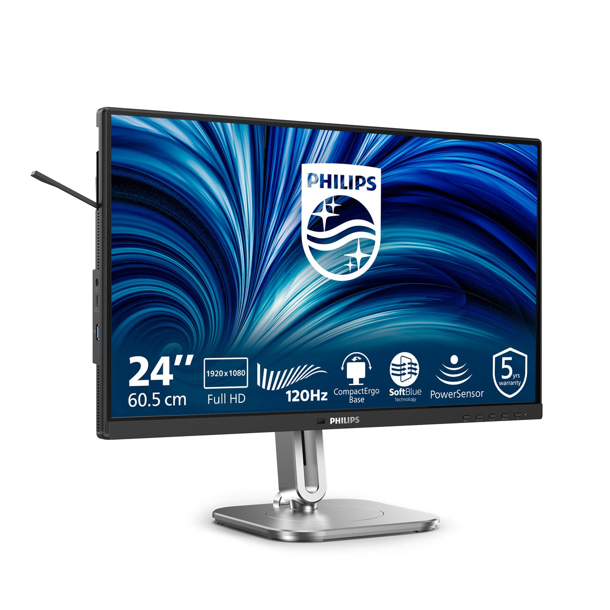 Philips 24B2N4200 - Monitor FHD de 24 Pulgadas, Altavoces, Altura Ajustable (1920 x 1080, 120 Hz, VGA, HDMI 1.4, DisplayPort 1.2, concentrador USB) Negro Gris