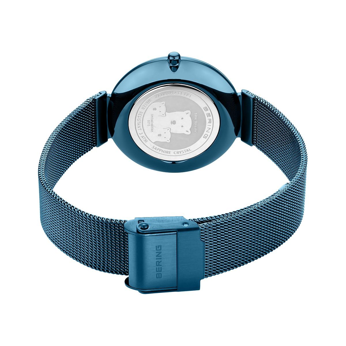 BERING 18132-Charity2 Reloj de cuarzo para mujer con caja de acero inoxidable de 32 mm con acabado azul y esfera azul, correa milanesa, cristal de zafiro y resistencia al agua de 3 ATM