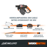 WORX Nitro Hidrolimpiadora a batería Hydroshot 20V MÁX | PowerShare | Limpieza de terrazas y Lavado de Coches | máx. 56 Bares | 220L/H | Incluye batería de 4,0Ah y Cargador | WG633E