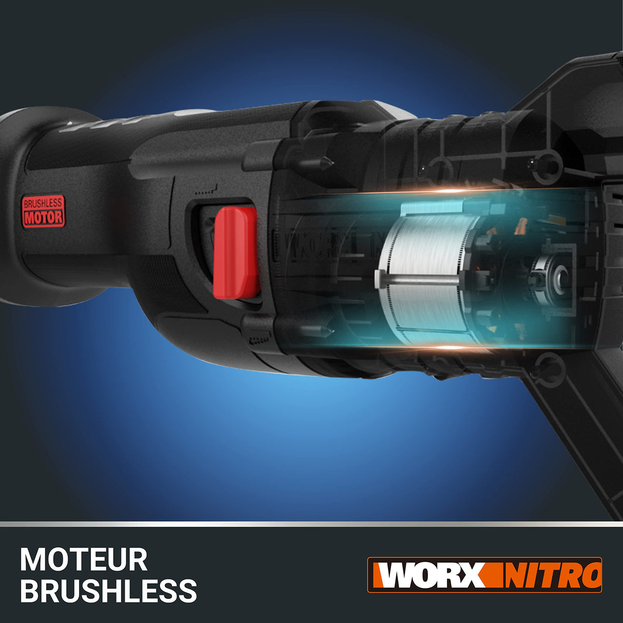 WORX Sierra sable Brushless 20V | PowerShare | WX516-1 batería 4Ah | Motor sin escobillas, patín pivotante ajustable, cambio de cuchilla sin herramientas