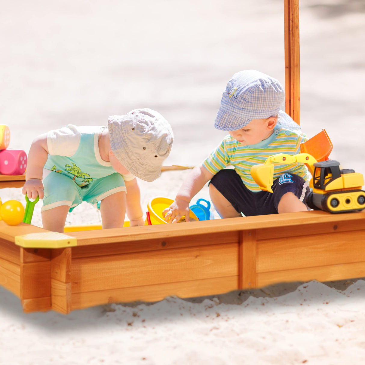Relaxdays Arenero Niños con Techo Regulable, 117 x 117 x 117 cm, Cajón de Arena con Forro, Madera de Abeto, Natural, Poliéster