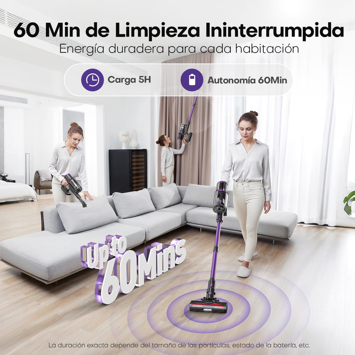 AROEVE 500W/45KPA/60min Aspiradora Escoba sin Cable con Pantalla LED, Modo Auto, Filtro 7 Etapas, Motor Brushless y Cepillo V para Suelos, Pelos, Alfombras, 500 W, 1 Liter, Morado