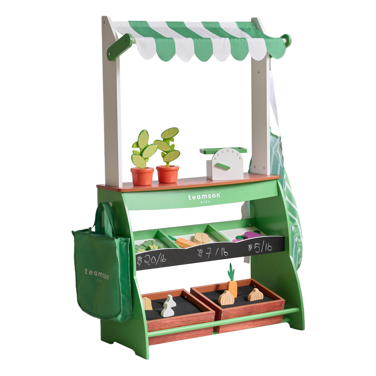 Teamson Kids Puesto de Mercado Vermont de Madera con Verduras, Pizarra, balanza, Cajas de jardín y Accesorios de Compra para niños