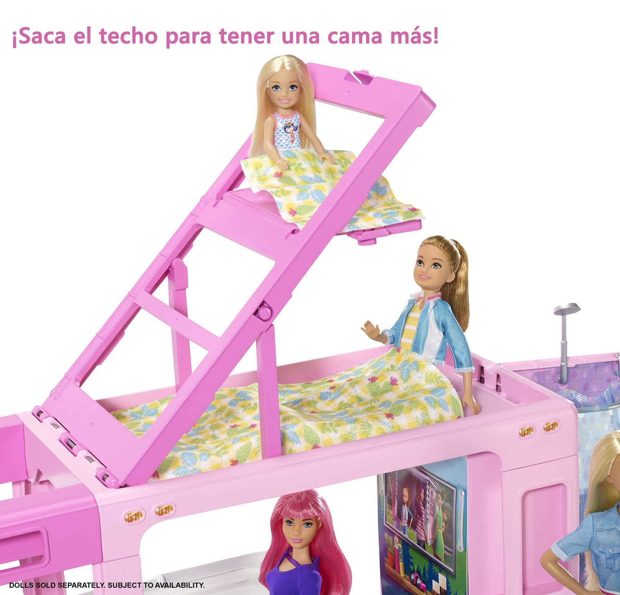 Barbie Caravana DreamCamper 3 en 1, Aprox. 1m; Autocaravana transformable con Piscina, camioneta, Barca y 50 Accesorios; para niñas y niños + 3 años, GHL93