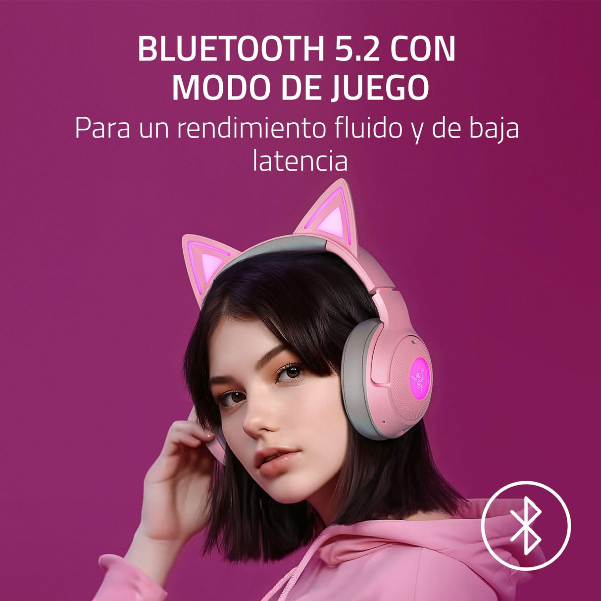Razer Kraken Kitty V2 BT - Auriculares RGB inalámbricos por Bluetooth con orejas de gatito (Bluetooth 5.2, Diafragmas TriForce de 40 mm, Construcción ligera de 325 g) Quartz