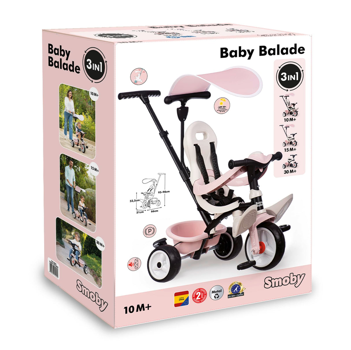 Smoby Triciclo Baby Balade Rosa Progresivo 3 en 1 - Freno, Asiento Ergonómico, Parasol Anti-UV, Ruedas EVA, para niños a Partir de 10 Meses (7600741404)
