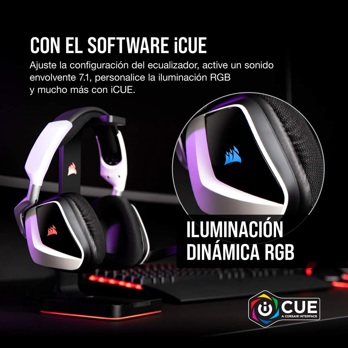 Corsair VOID RGB ELITE Auriculares Inalámbricos para Juegos - Sonido Envolvente 7.1 - Micrófono Omnidireccional - Almohadillas de Malla de Microfibra - Compatible iCUE - PC, Mac, PS5, PS4 - Blanco