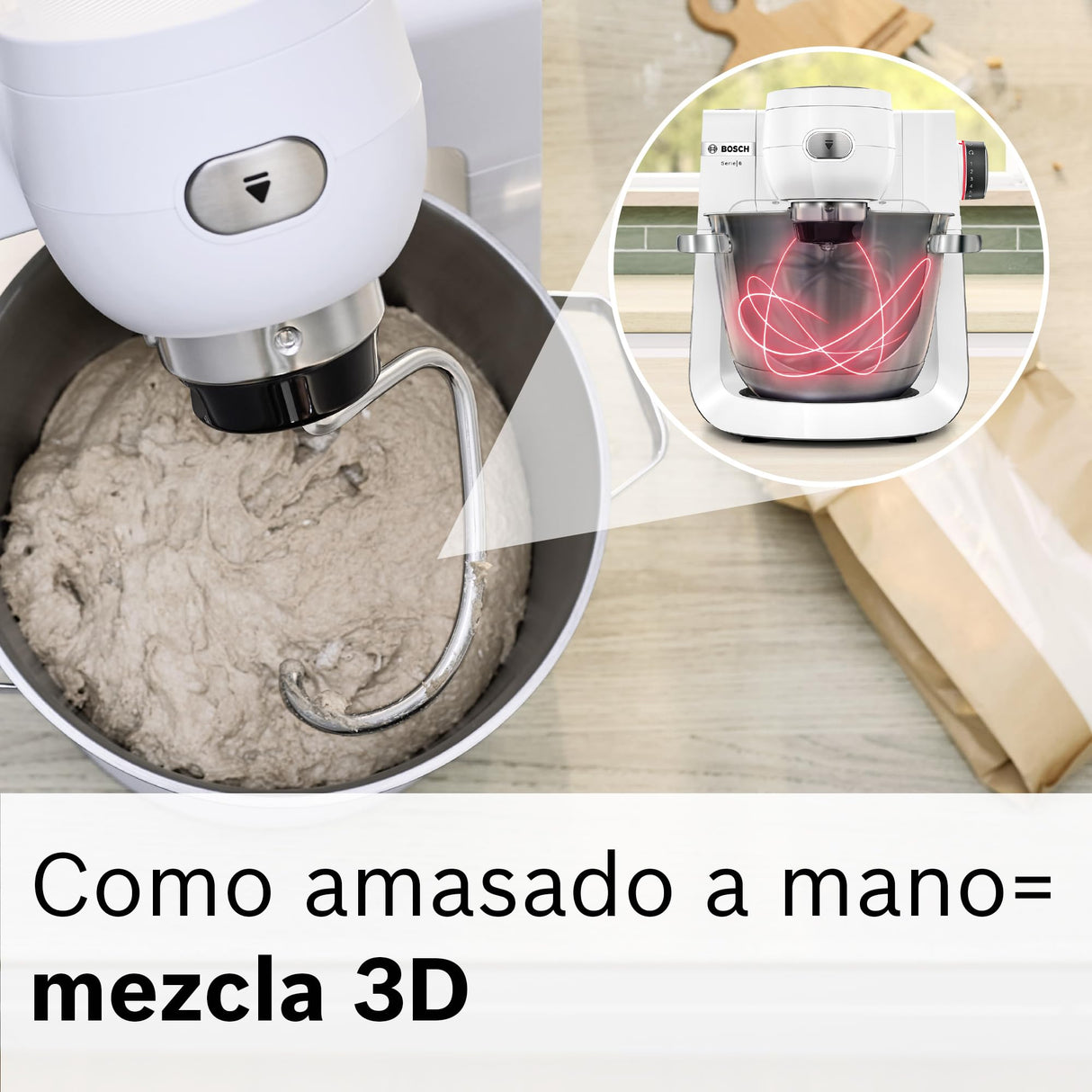 Bosch - Robot de Cocina, Serie 6, 1600W, Amasado Planetario 3D, Set de Pastelería, Triturador, Batidora de vaso ThermoSafe, Blanco, MUMS6EW22