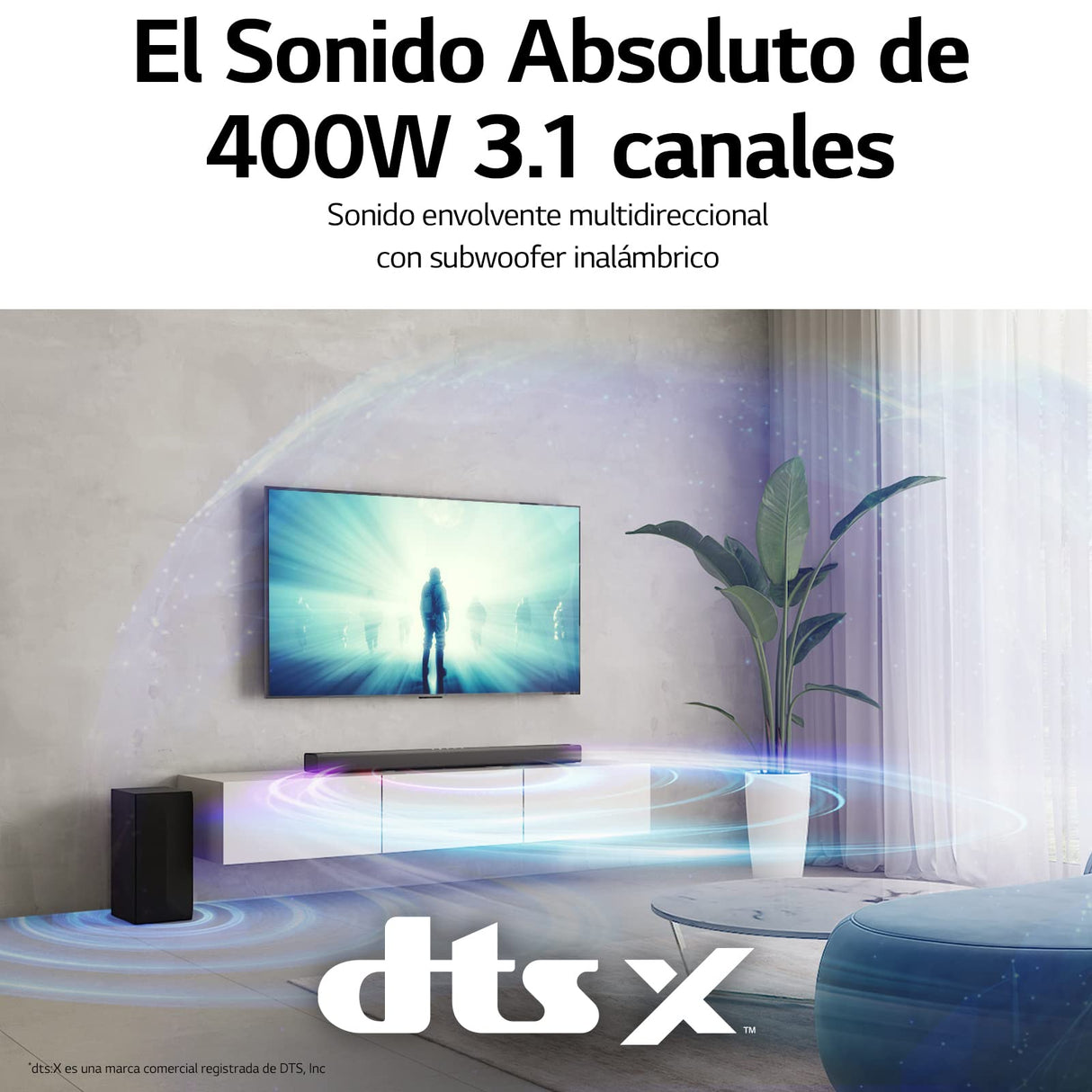 LG S65Q - Barra de Sonido Inteligente, 420W, 3.1 Canales, Sonido Envolvente DTS Virtual:X, Dolby Digital en Alta Resolución, Hi-Res 24bits/96kHz, Meridian Sound Music, Negro