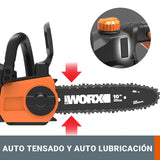 WORX WG322E.1 Sierra de cadena con batería (20 V, Práctica sierra para madera, Para uso en el jardín y trabajos de construcción con tensión de cadena automática), 25 cm de longitud de corte