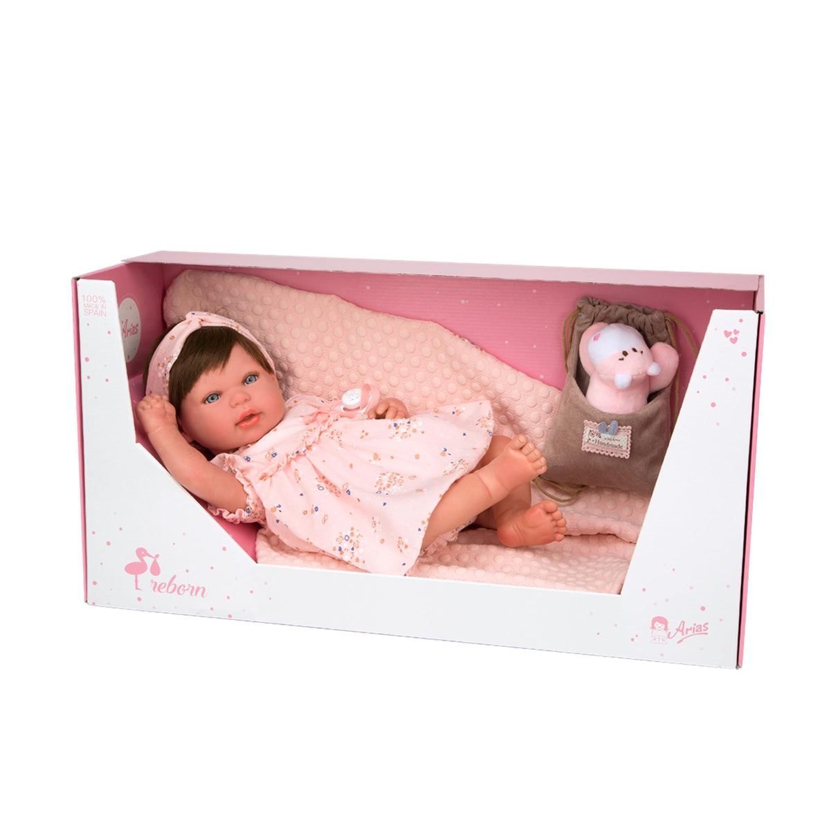 ARIAS - Muñeca Reborn Esther de 45 cm con Manta y Peluche, Bebé Realista con Ropita Rosa, Chupete y Chupetero, Extremidades de Vinyl y Cuerpo Blando, Juguete para Niños y Niñas +3 años (ARI98083)
