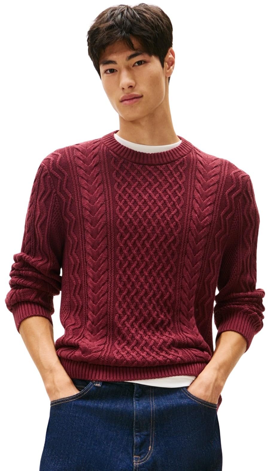 Tommy Jeans Jersey Hombre Cable Knit Sweater con Punto Trenzado, Rojo (Red Wine Tonal), S