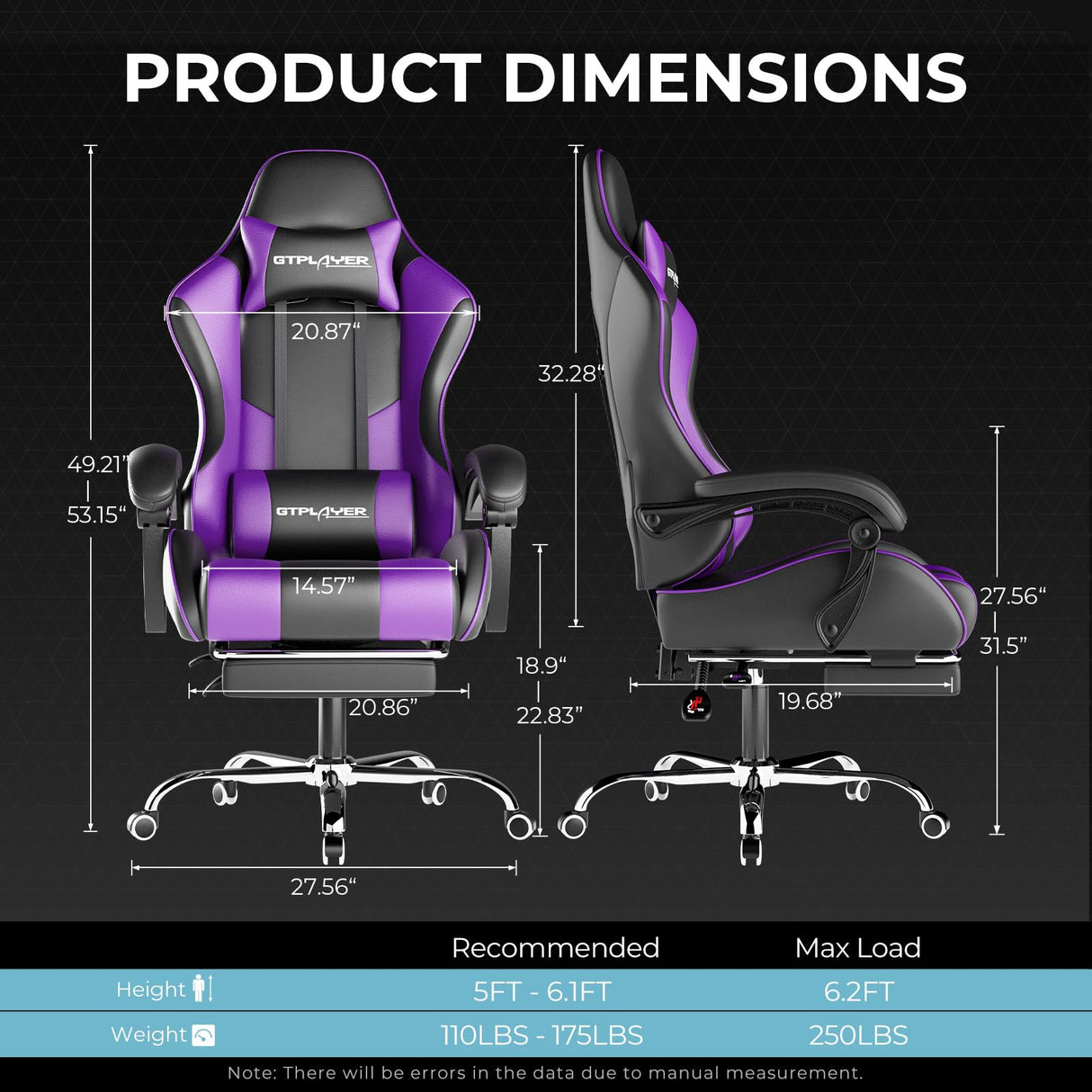 GTPLAYER Silla Gaming con Masajeador Ergonómica Silla Gamer con Reposapiés Reposacabeza, Silla de Oficina Ergonómica, Soporte Lumbar, Silla Juego Ajustable en Altura, Púrpura