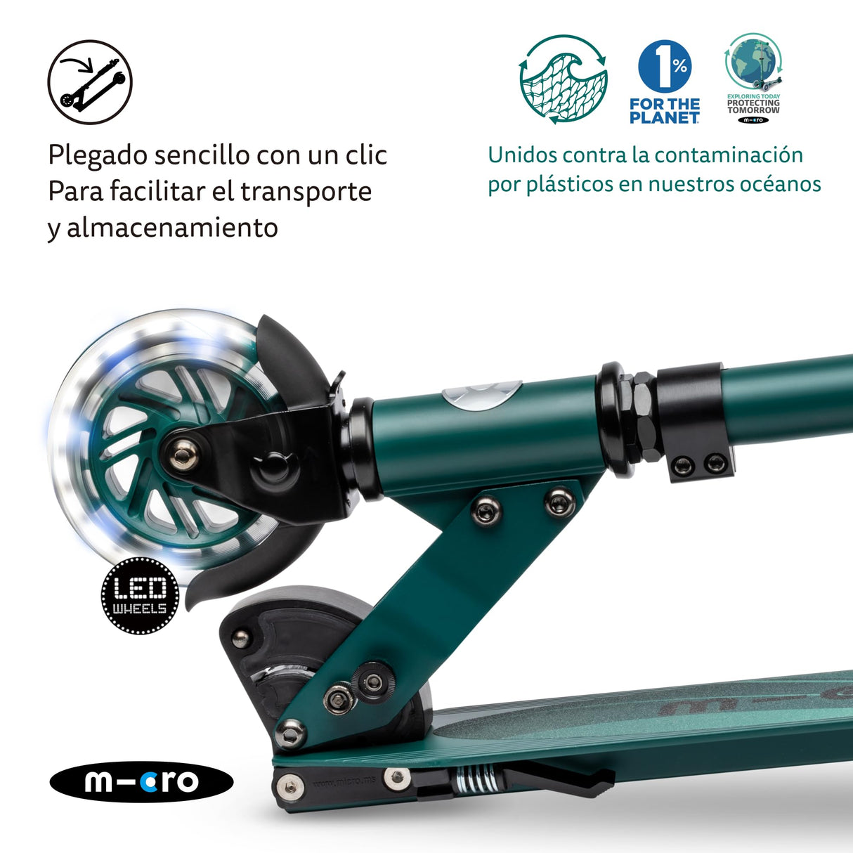 Micro® | Micro Sprite LED Scooter 2 Ruedas Niños | Patinete y Puños Plegables | Ruedas con iluminación LED | Ligero y Regulable en Altura | +5 Años | Niños y Niñas