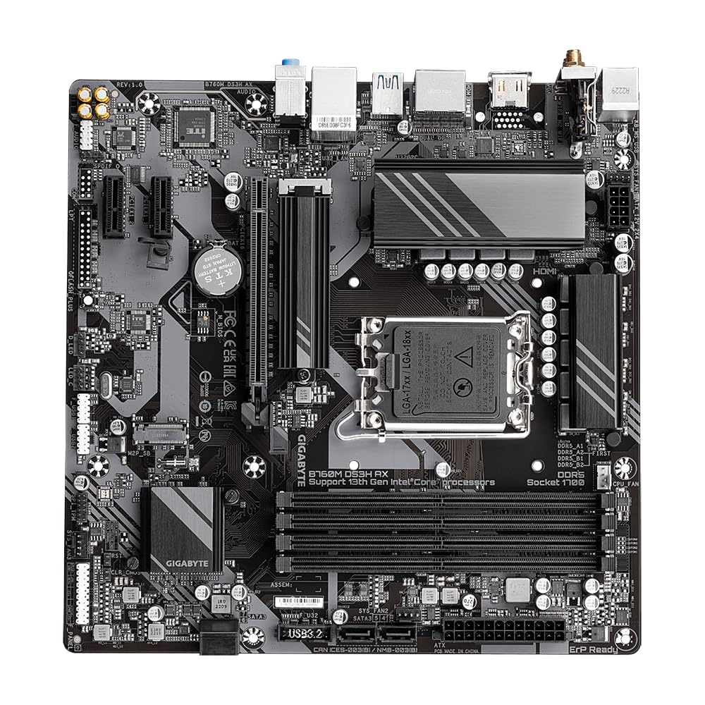 GIGABYTE B760M DS3H AX Placa Base - Compatible con procesadores Intel Core de 14ª generación, VRM Digital de 6+2+1 Fases, hasta 7600MHz DDR5 (OC), 2X PCIe 4.0 M.2, Wi-Fi 6E, LAN 2.5GbE, USB 3.2 Gen 2