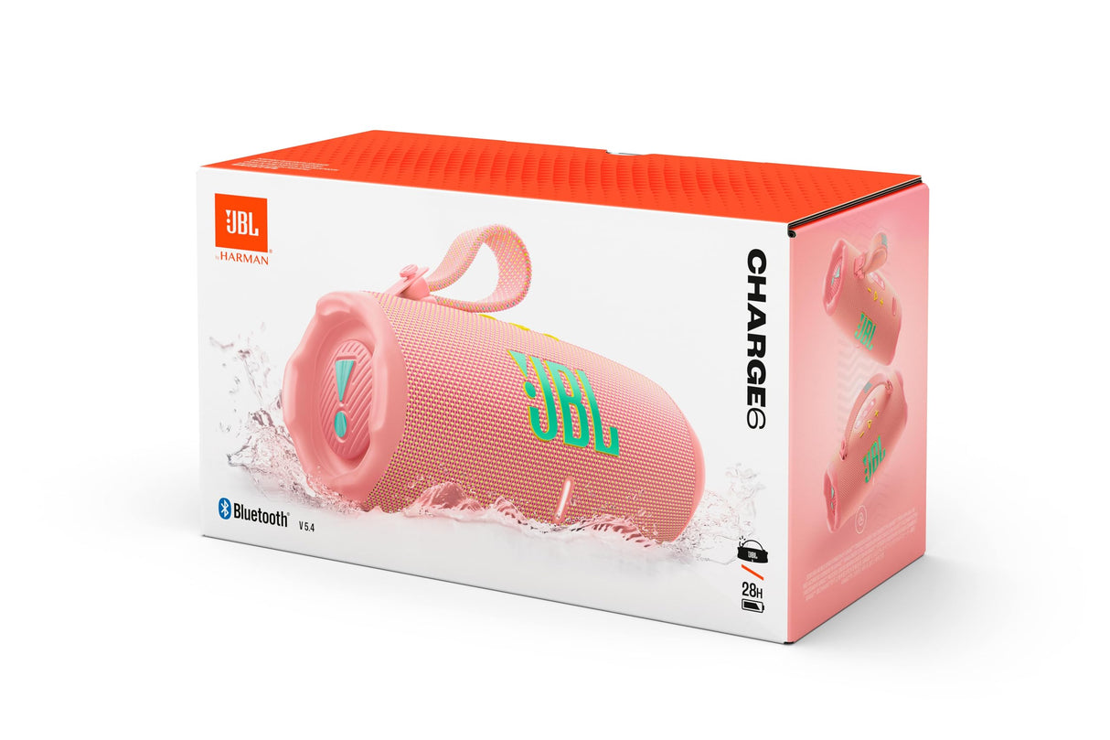 JBL Charge 6, Altavoz Bluetooth portátil inalámbrico, 28h de batería, Resistencia al Agua IP68, a Prueba de Polvo y caídas, Sonido Pro con AI Sound Boost, Compatible con Auracast, Rosa