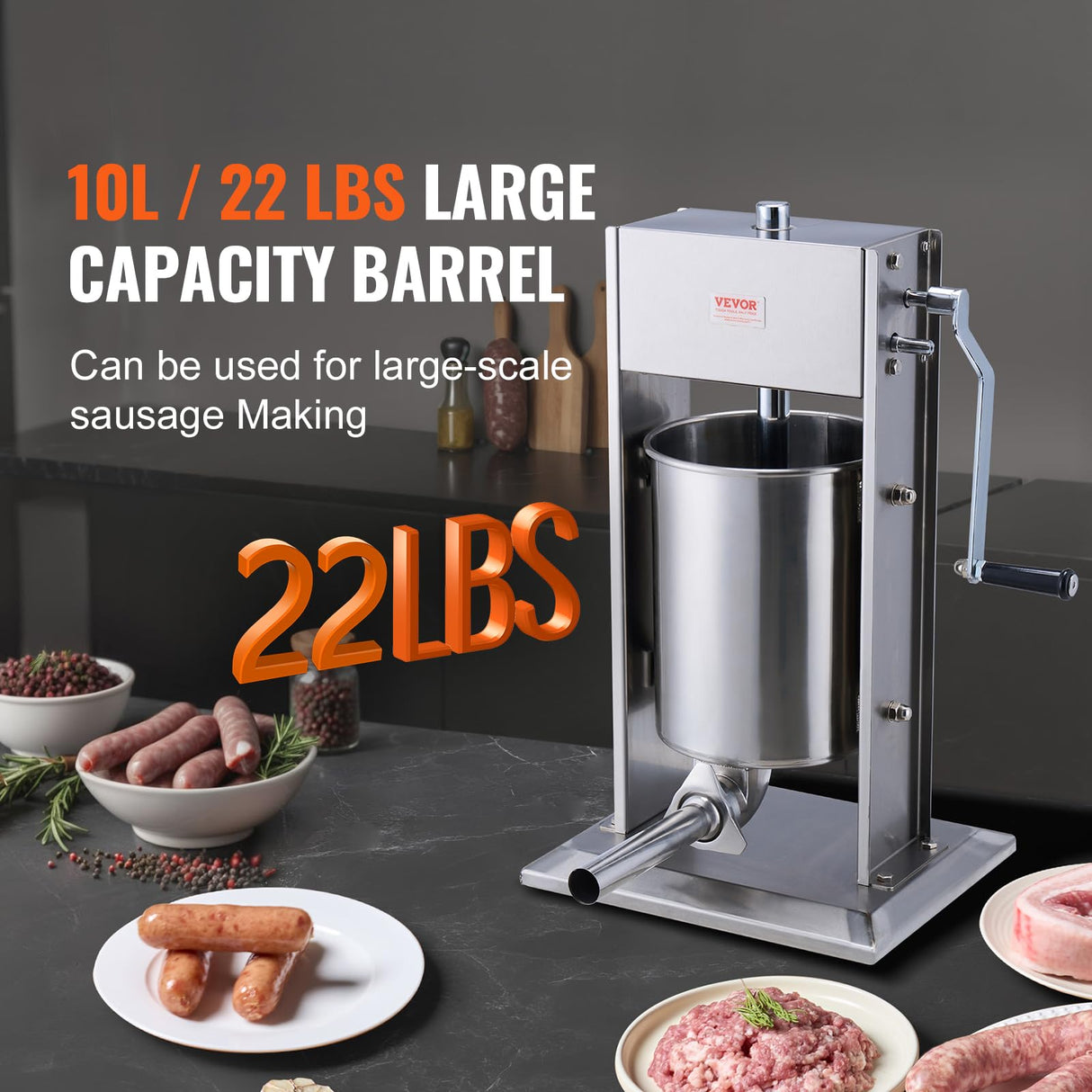 VEVOR Embutidora Manual de Salchichas Capacidad de 10 L Máquina de Salchichas Vertical de Acero Inoxidable con 5 Tubos de Relleno para Churros Salchichas para Restaurante Supermercado Cocina