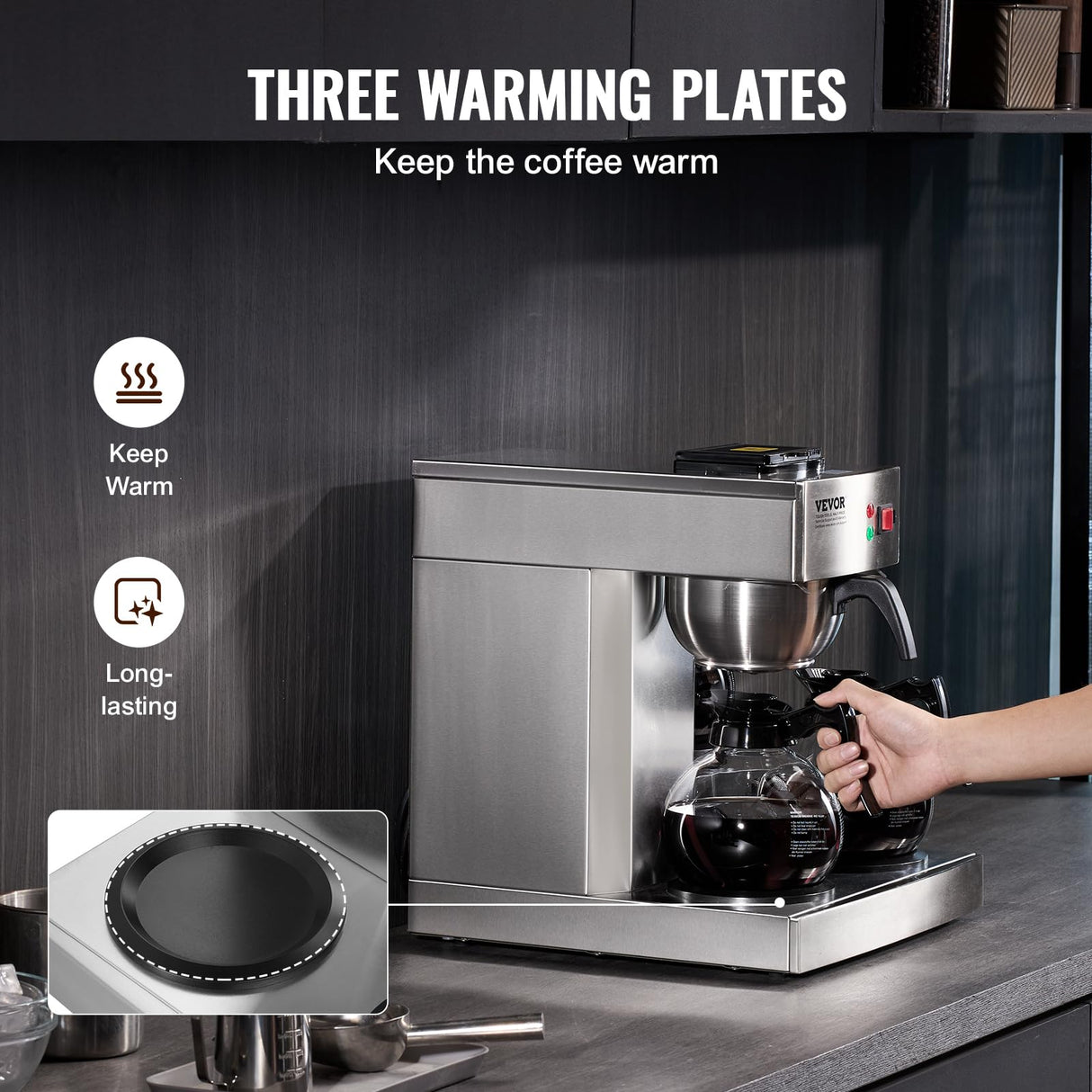 VEVOR Cafetera de Goteo Comercial Máquina de Café con 3 Jarras de Vidrio y 3 Placas Calentadoras Cafetera de Acero Inoxidable con Entrada Automática de Agua para Restaurante, Oficina, Cafetería