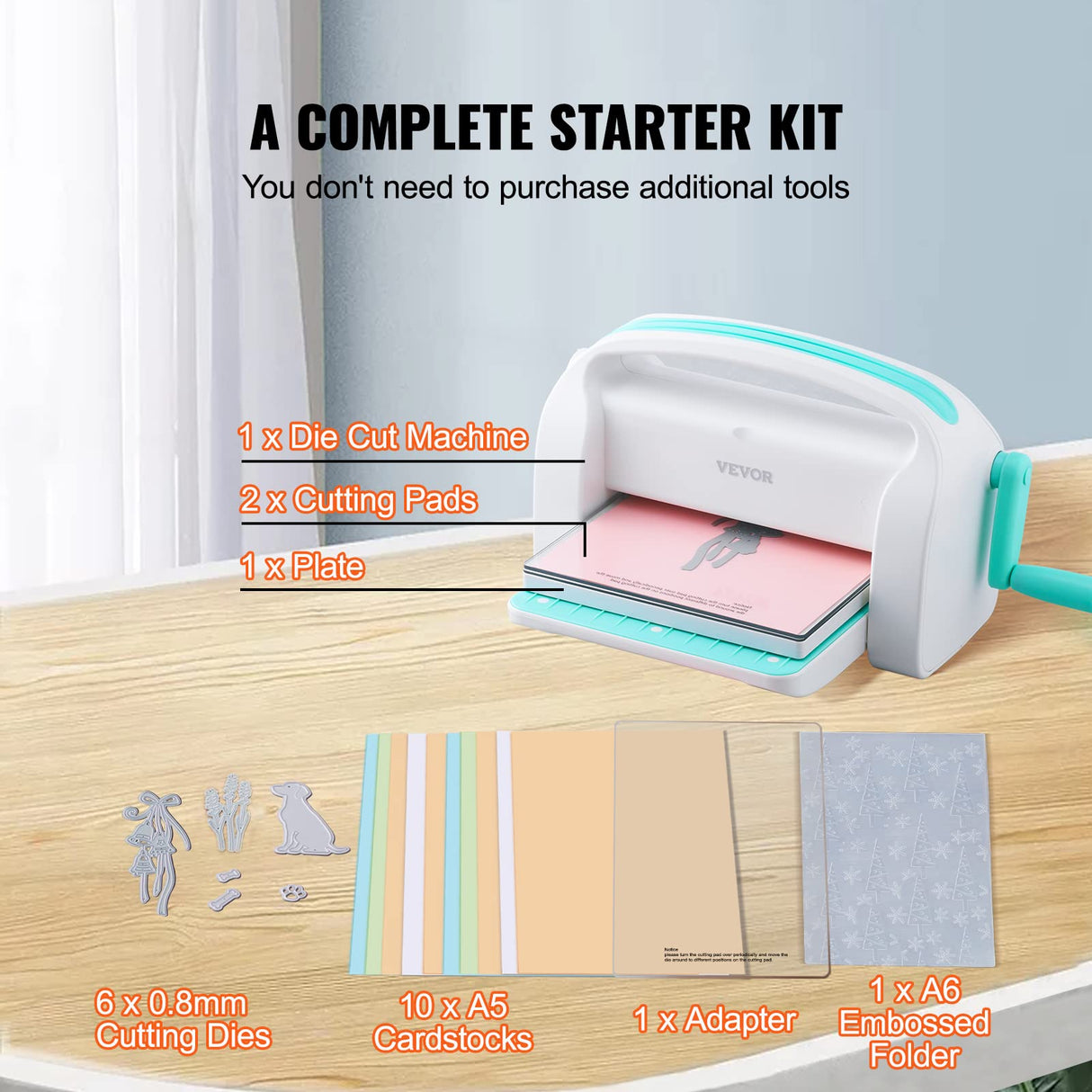 VEVOR Máquina Troqueladora Apertura de Ancho de 226 mm Máquina de Troquelado y Estampado Manual con 8 Troqueles, 10 Cartulinas y 1 Carpeta A6 Juego Completo para Decoración Álbum Tarjetas Manualidades
