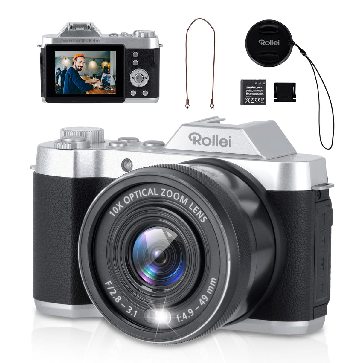 Rollei Powerflex 10x Retro Cámara Digital, 64MP 4K Camara de Fotos con Batería y Zoom Digital 10x Cámara con 8 Modos 2.88" LCD Cámara Fotografica Portátil Vintage, Cámara-Digital-Fotos-Fotografica