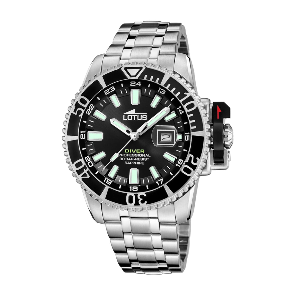 LOTUS Reloj Hombre Analógico de Acero Inoxidable 316l Plateado - Movimiento de Cuarzo - Calendario - Cristal Zafiro de Alta Resistencia - Resistente al Agua 30 ATM 18938/4 Diver