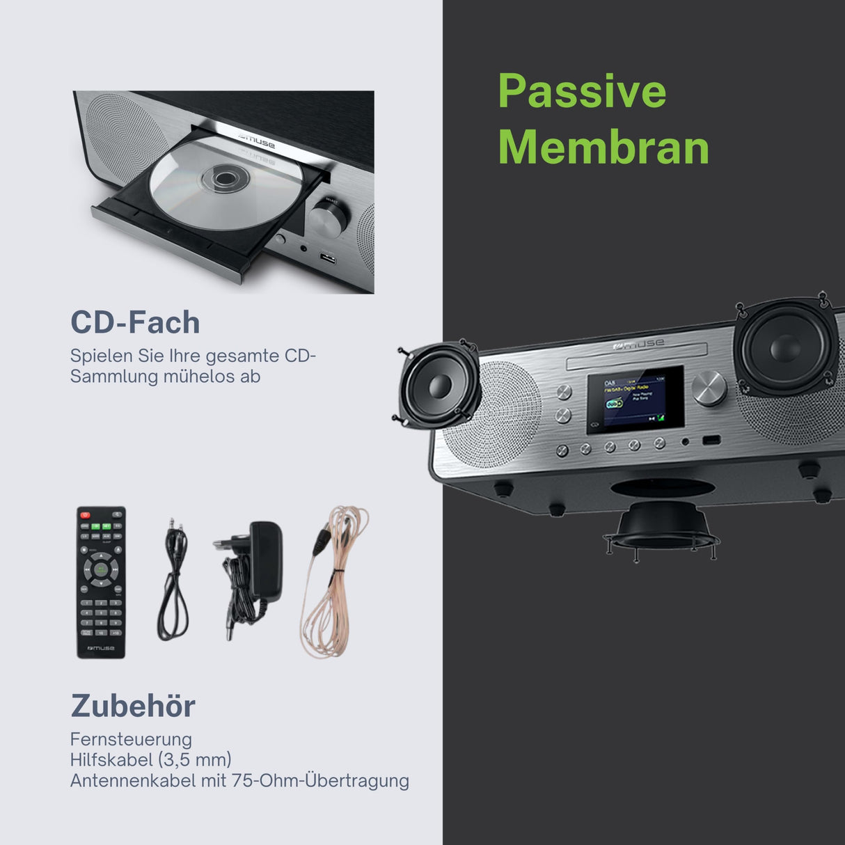 Muse - (M-885 DBT) Dab+/FM/CD/USB/Bluetooth Micro System, Gris Oscuro
