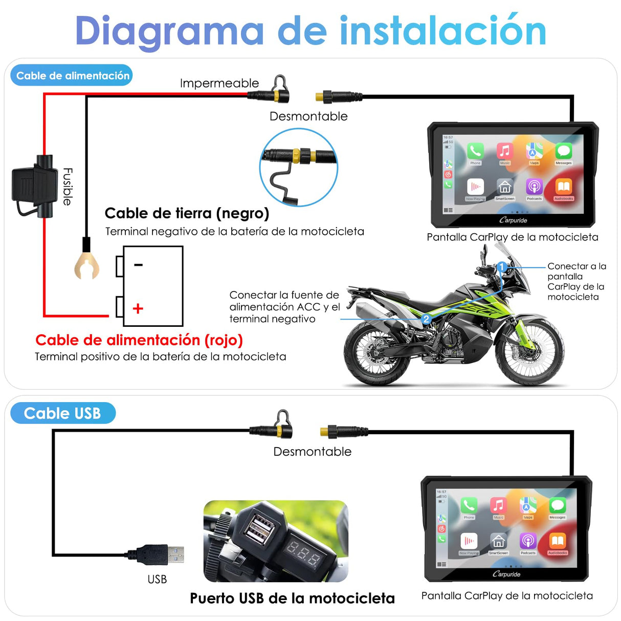Carpuride W702 Pantalla GPS 7 Pulgadas CarPlay para Motocicleta - CarPlay Inalámbrico y Android Auto, Pantalla Táctil Impermeable, Bluetooth Dual, Navegación, Siri.