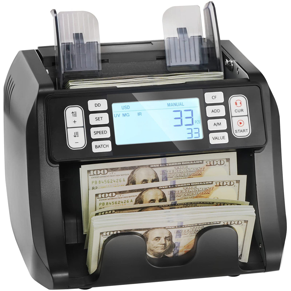 VEVOR Contador de Billetes con Detección de Falsificaciones UV, MG, IR y DD, Máquina Contadora de Efectivo en USD y EUR con Modos de Adición y Lotes, LCD Grande y Pantalla Externa