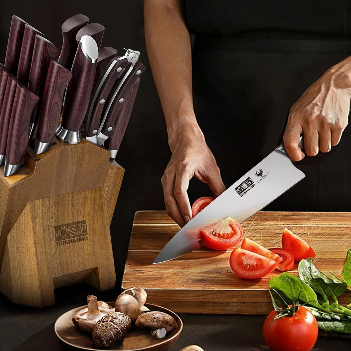 HOSHANHO Juego de Cuchillos de Cocina de 18 Piezas, Juego de Cuchillos de Chef de Acero Inoxidable de Alto Carbono, Juegos de Cuchillos con Bloque Profesional Ultra Afilado con Tijeras