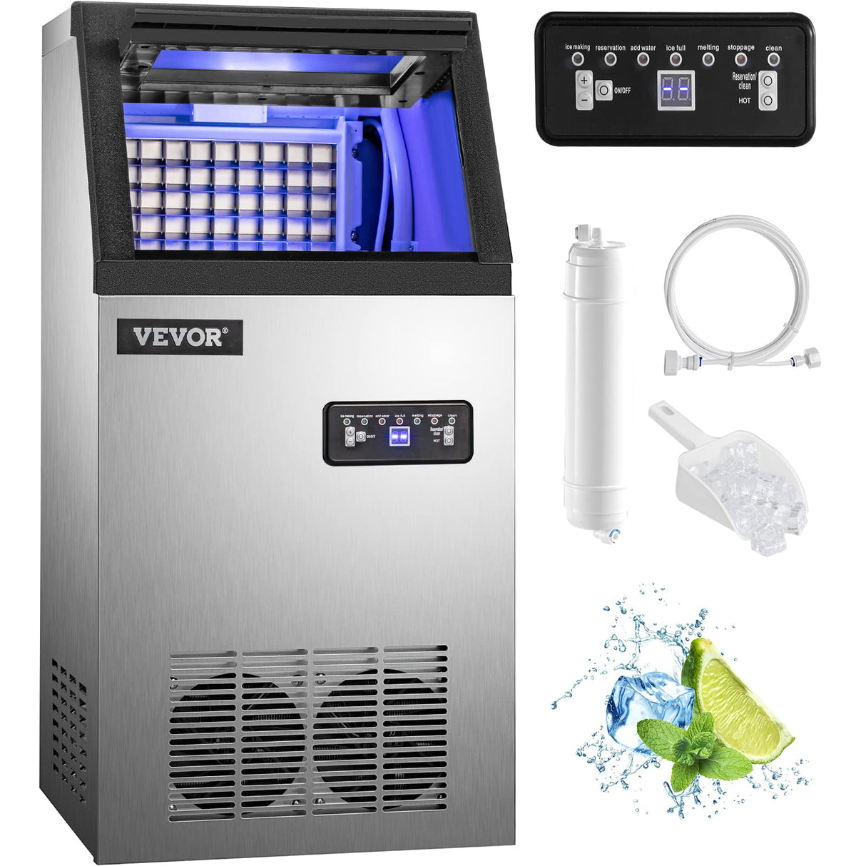 SucceBuy Máquina para Hacer Hielo de Acero Inoxidable de Calidad Alimentaria, Trituradora de Máquina de Hielo Comercial, 280W, 68kg/24 horas, Panel de Control LCD Inteligente