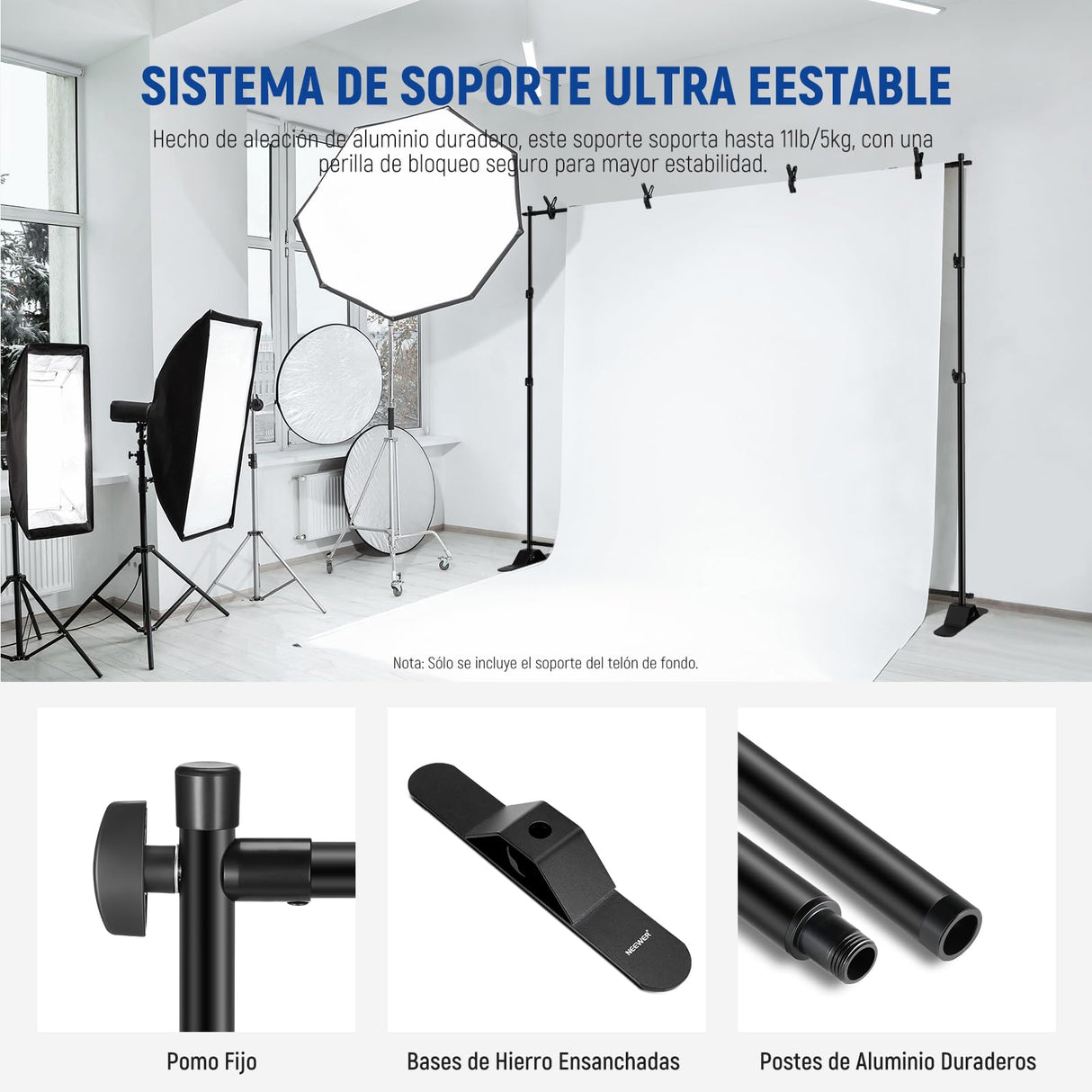 NEEWER Soporte de telón de fondo resistente con bases ampliadas, soporte de fondo de 10 x 8 pies con 4 barras transversales, 2 postes telescópicos, 4 clips de resorte y bolsa de transporte para sesión