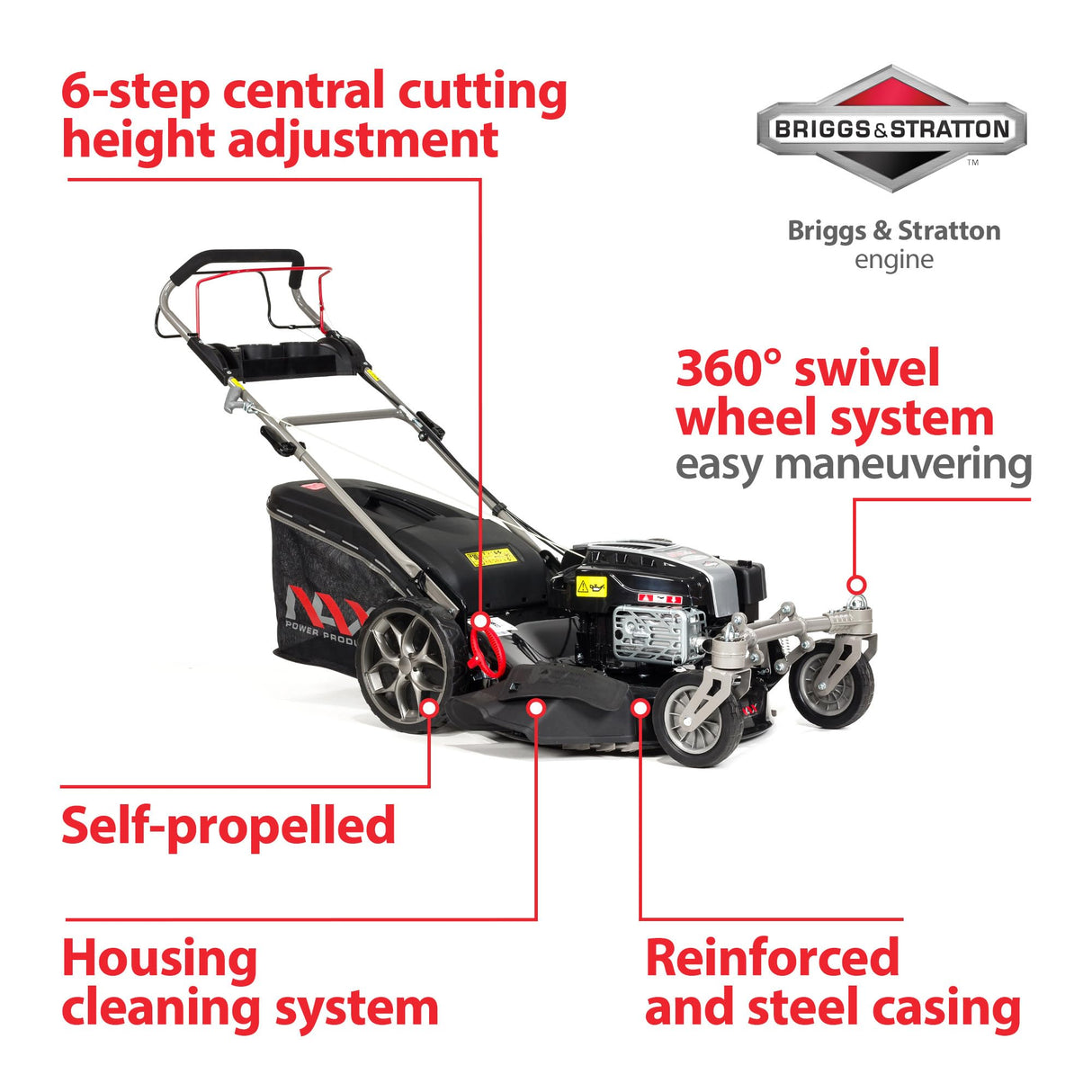 NAX POWER PRODUCTS Motor Briggs & Stratton 5000S Serie 875Exi 190 cm3 ReadyStart Ancho de corte 56 cm Cesta 75L Ruedas giratorias delanteras Cortacéspedes de tracción de gasolina
