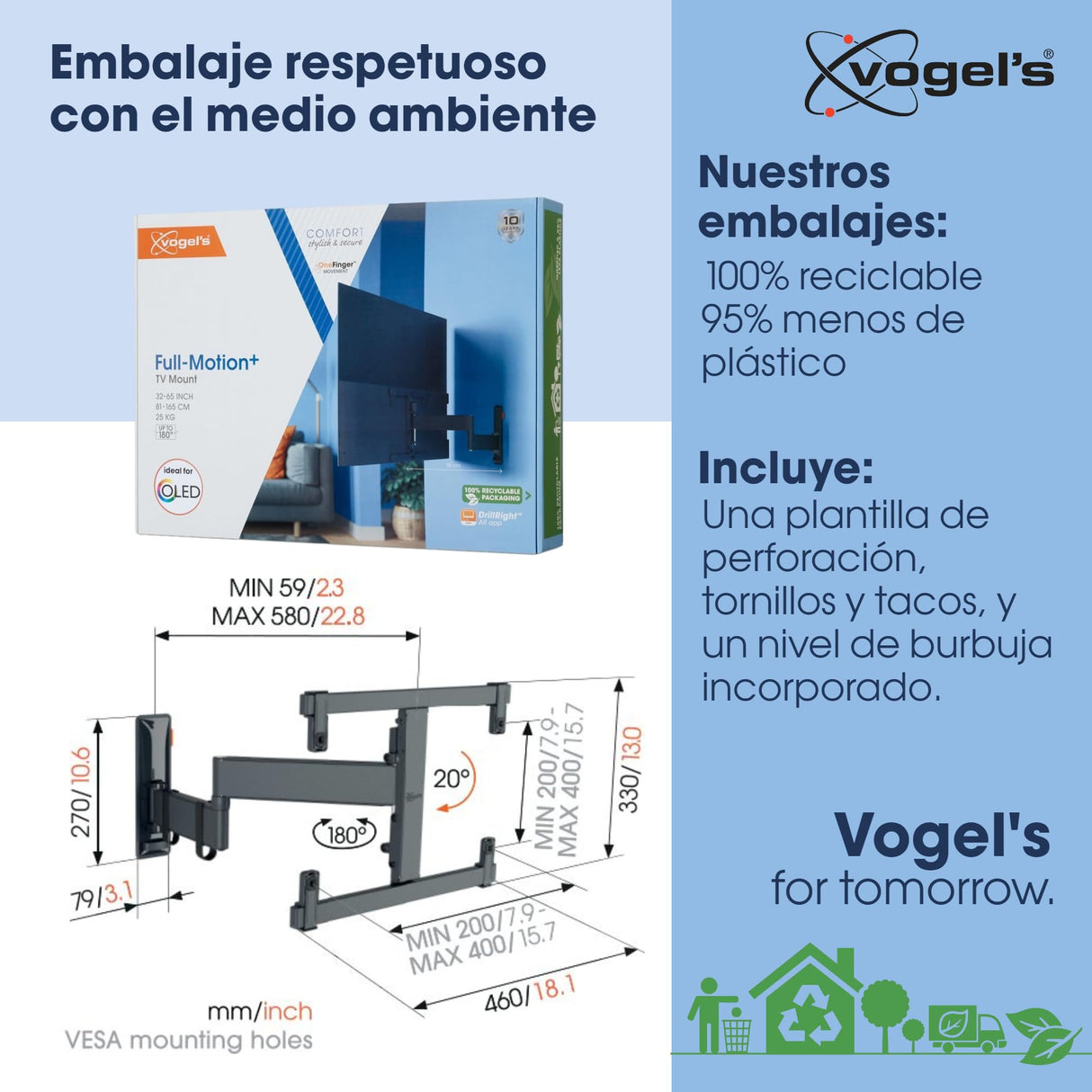 Vogel's TVM 3465 OLED Soporte TV Giratorio para televisores de Entre 32 a 65 Pulgadas, Máx 25 kg, Gira hasta 180º, Inclinable hasta 20º, Soporte para TV máx. VESA 400x400, Ideal para OLED