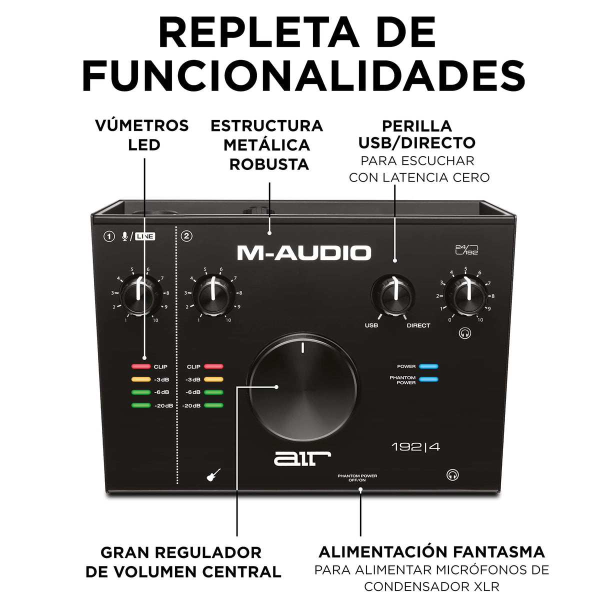 M-Audio AIR 192|4 - Interfaz de audio, Tarjeta de sonido USB, USB-C, 2 entradas, 2 salidas, software de estudio, para grabación de instrumentos, producción musical y monitorización