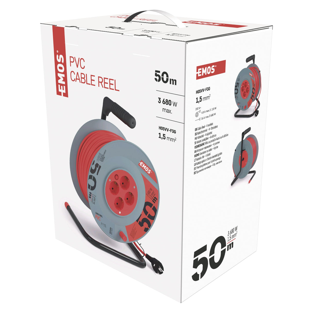 EMOS - Tambor de Cable de 50m - 4 enchufes Schuko - 230 V, 16 A, 3680 W - Aislamiento PVC H05VV-F3G 1,5 mm2 - Protección contra sobrecalentamiento - IP20 para Interiores