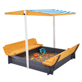 VEVOR Caja de Arena de Madera con Dosel, 145,5 x 120 x 120 cm, Arenero con Bancos Plegables y Revestimiento Inferior Caja de Arena para Niños de 3 a 12 Años para Exteriores, Patio, Playa, Parque
