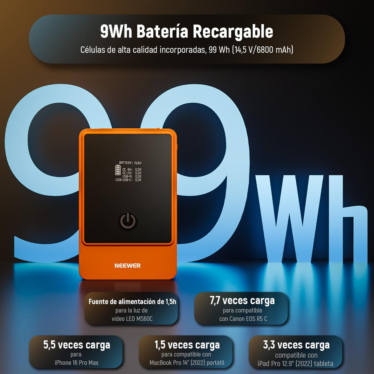 NEEWER Mini V Mount Battery 6800mAh 99Wh 14.5V, V Lock Battery with 65W PD Type C/D Tap/BP/USB A/Dual DC Port/OLED Display para videocámara Compatible con SmallRig BMPCC 4k 6k, PS099E Naranja