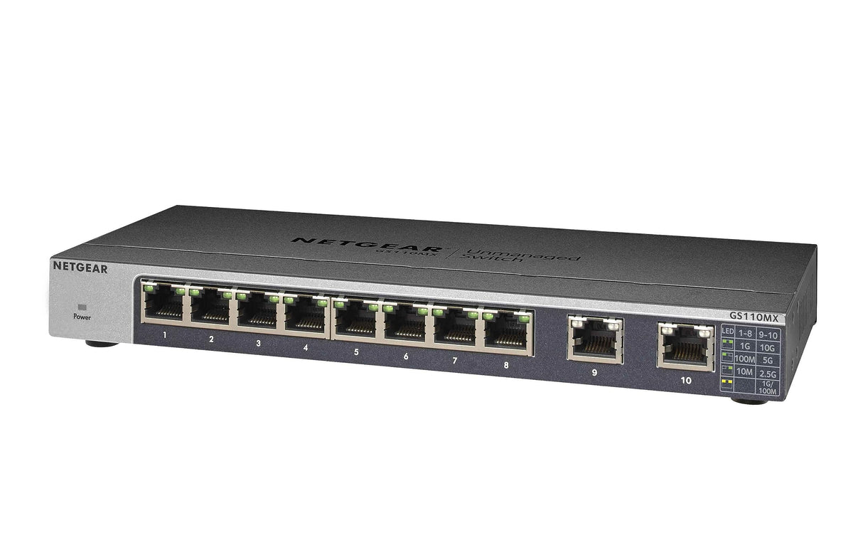Netgear GS110MX-100UKS - Switch de red Smart Plus no gestionable (8 puertos Gigabit y 2 puertos 10G/MultiGigabit con montaje en pared o bastidor, sin ventilador) [modelo UK]