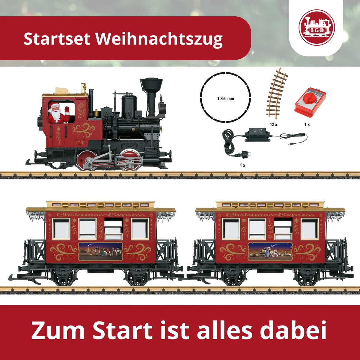 LGB – 70308 Gartenbahn Starter Set de Tren de Navidad con Locomotora y Dos vagones, ferrocarril al Aire Libre, Carril G