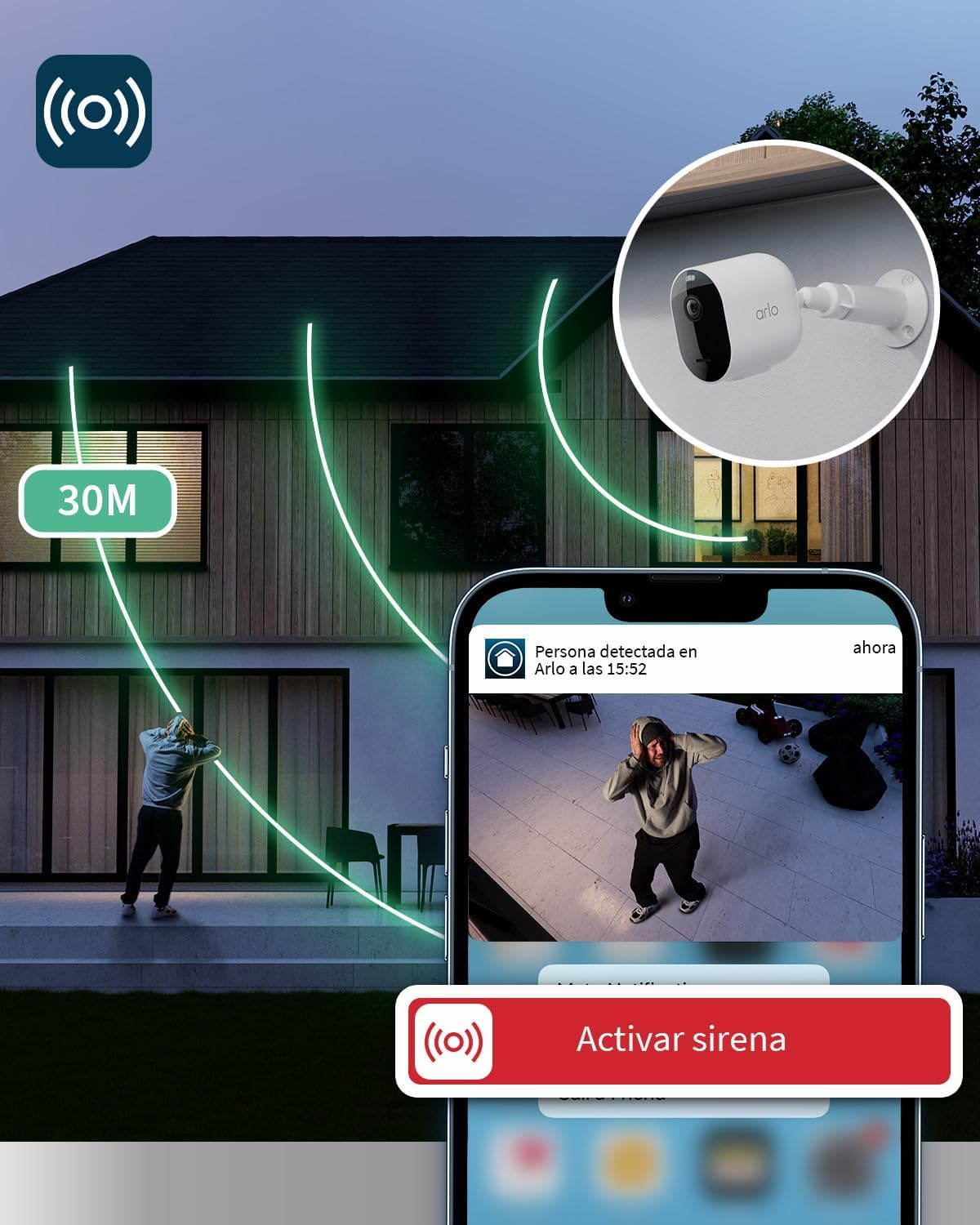 Arlo Pro 5 Camara de Vigilancia WiFi Exterior 2K, Camara Vigilancia WiFi Interior, Sensor de Movimiento, Alarmas Para Casa, Visión Nocturna Color, Prueba Arlo Secure Incluida, 4 Cámaras, Blancas