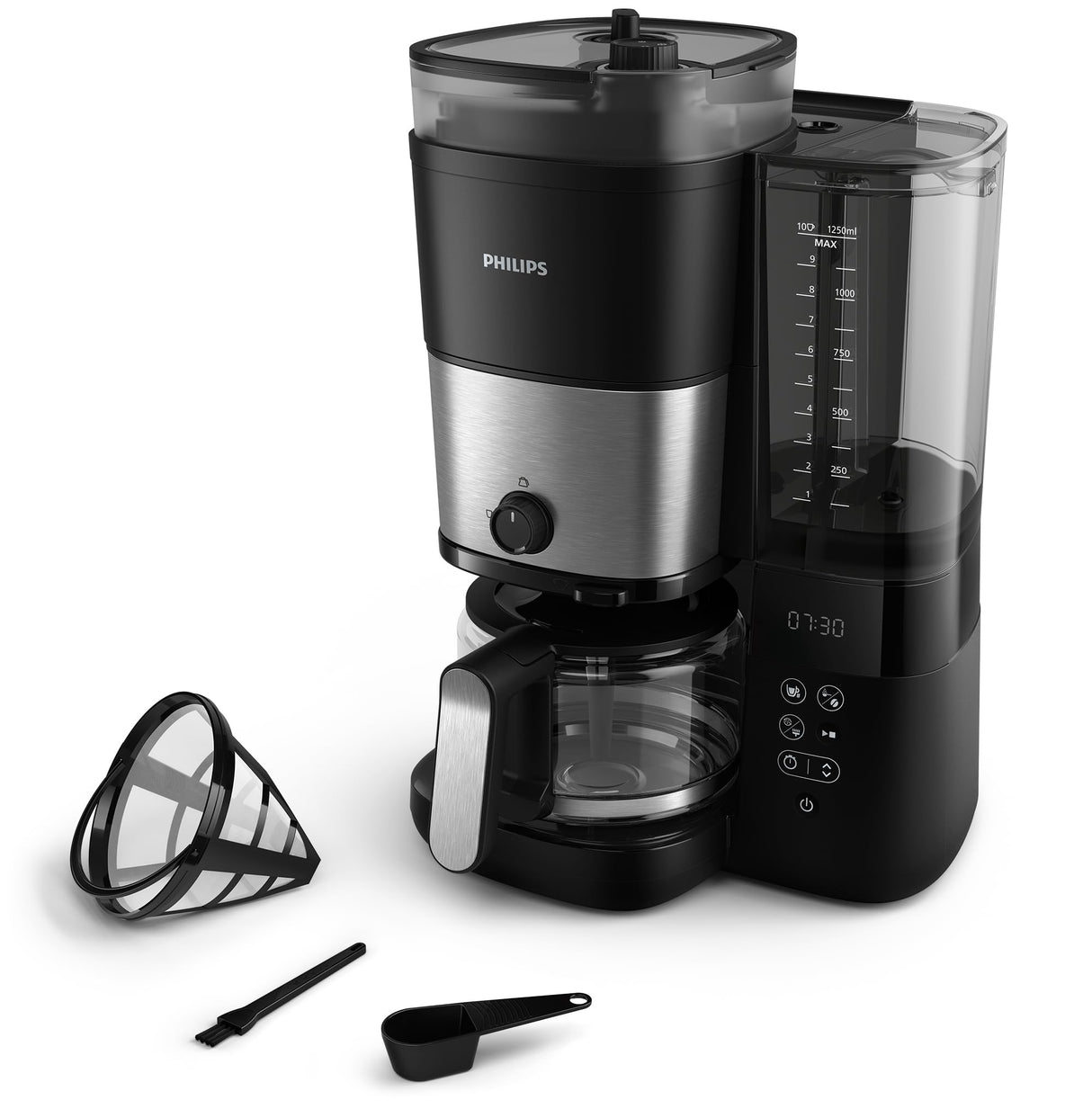 Philips Todo en 1 Cafetera de goteo - molinillo cónico incorporado para granos frescos - preparación en jarra de vidrio de 1,25 L o directamente en taza