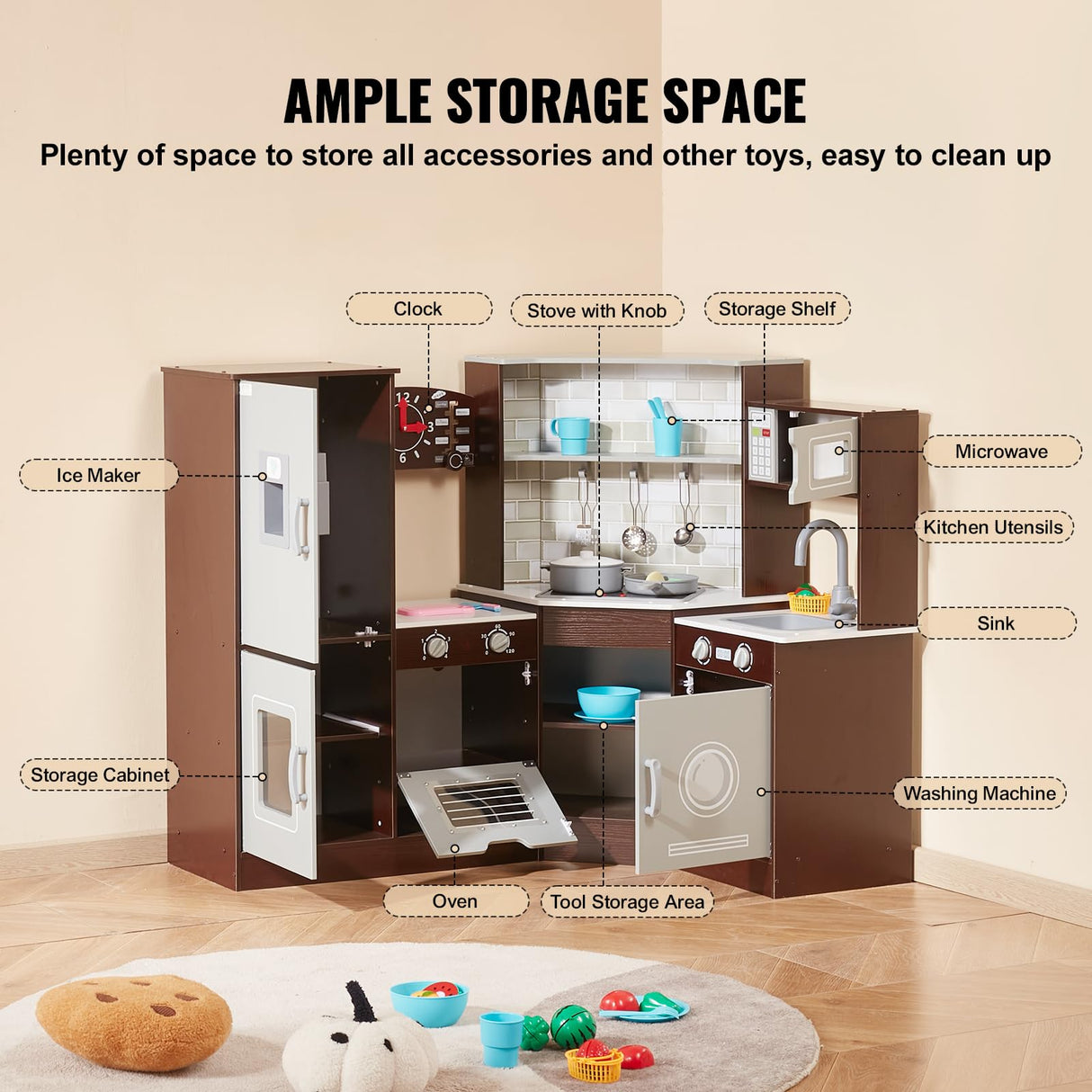 VEVOR Juego de Cocina de Madera de Esquina con Luces y Sonidos, Cocina con Máquina de Hielo, Horno, Fregadero, Reloj, Microondas, Refrigerador y Accesorios para Niños Pequeños y Preescolares, Marrón