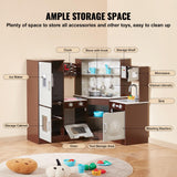 VEVOR Juego de Cocina de Madera de Esquina con Luces y Sonidos, Cocina con Máquina de Hielo, Horno, Fregadero, Reloj, Microondas, Refrigerador y Accesorios para Niños Pequeños y Preescolares, Marrón
