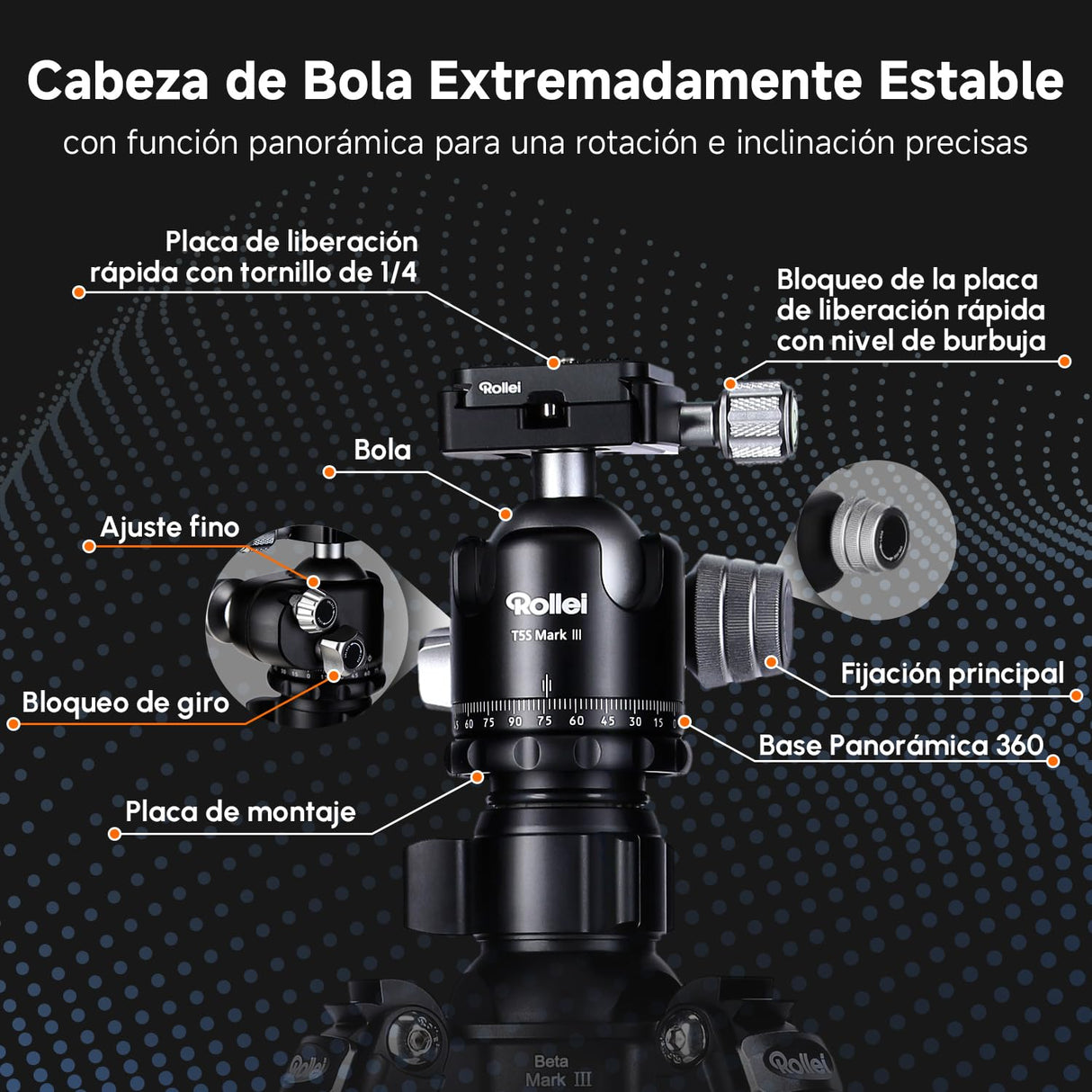 Rollei Rock Solid Beta Mark III, 178,5cm Tripode Fibra de Carbono Trípode Cámara Negro con Capacidad de Carga de 24kg Camera Tripod Flexible con Función de Monopié para Fotografía Profesional