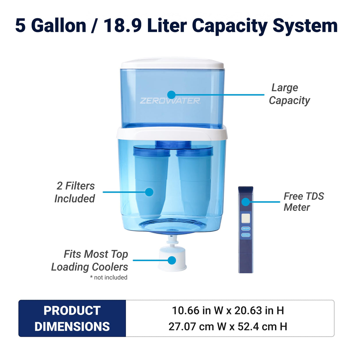 ZeroWater Sistema de filtración de agua de 19 L para dispensadores de agua fría y caliente, Medidor TDS y 2x Filtros Incluidos (no incluye dispensador)