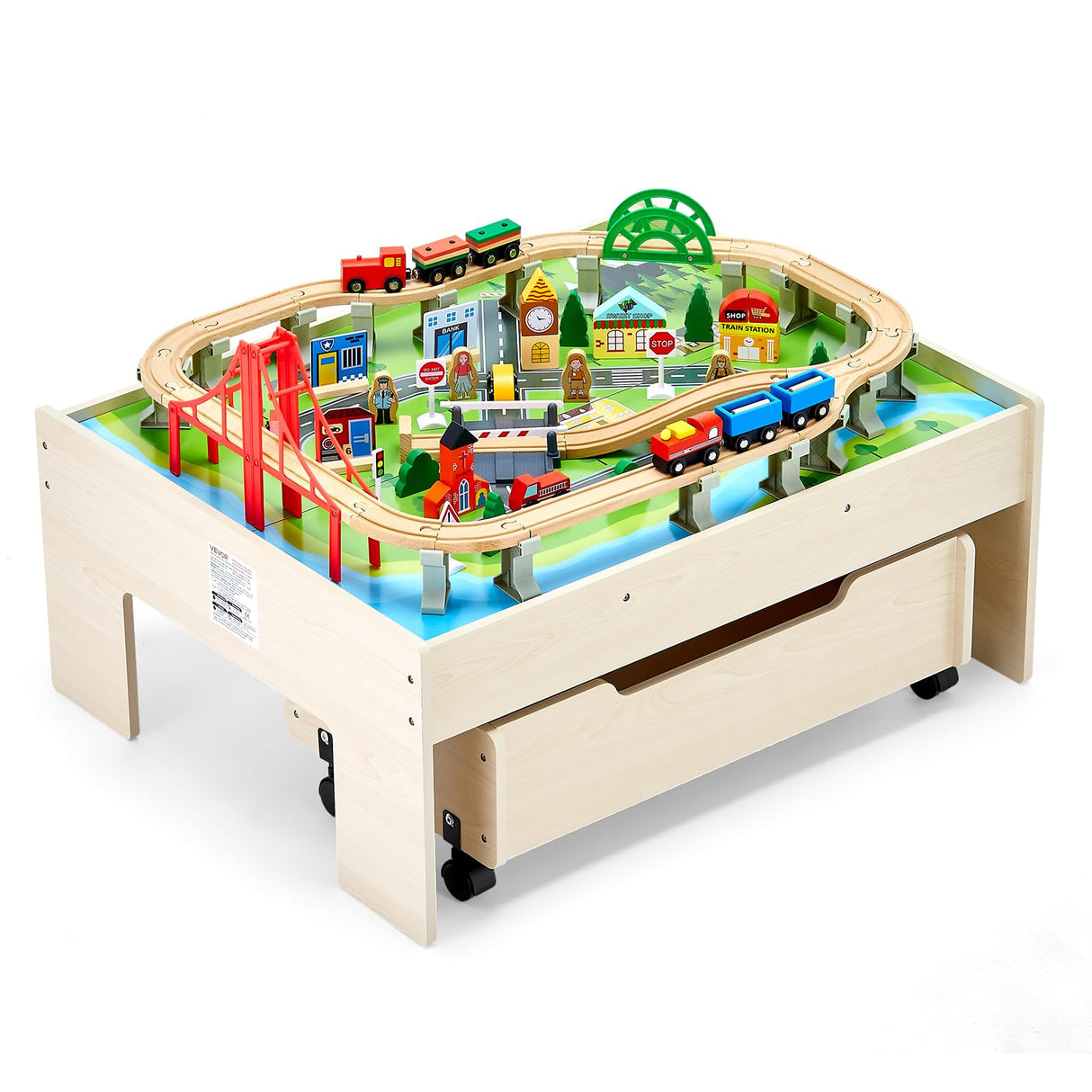 VEVOR Mesa de Actividad de Tren 100 Piezas de Madera 79x64x33 cm Mesa de Juegos de Tren Circuito de Ferroviarias Juguetes Creativos con Cajón Rodante de Almacenamiento para Facilitar Organización