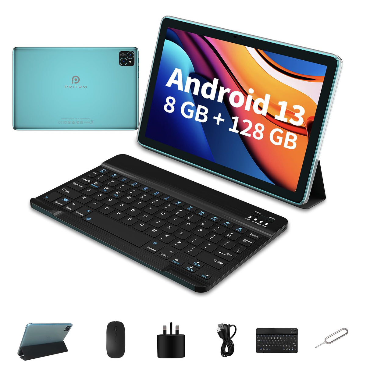 PRITOM Tablet Android 13.3 en 1, 8 GB (4+4), 128 GB, Extensible 1 TB, 8000 mAh, Tablet WiFi, procesador Qcta Core, WiFi 6, Bluetooth, Tablet de Juegos, Tablet PC con Bolsa, Teclado, ratón, Azul