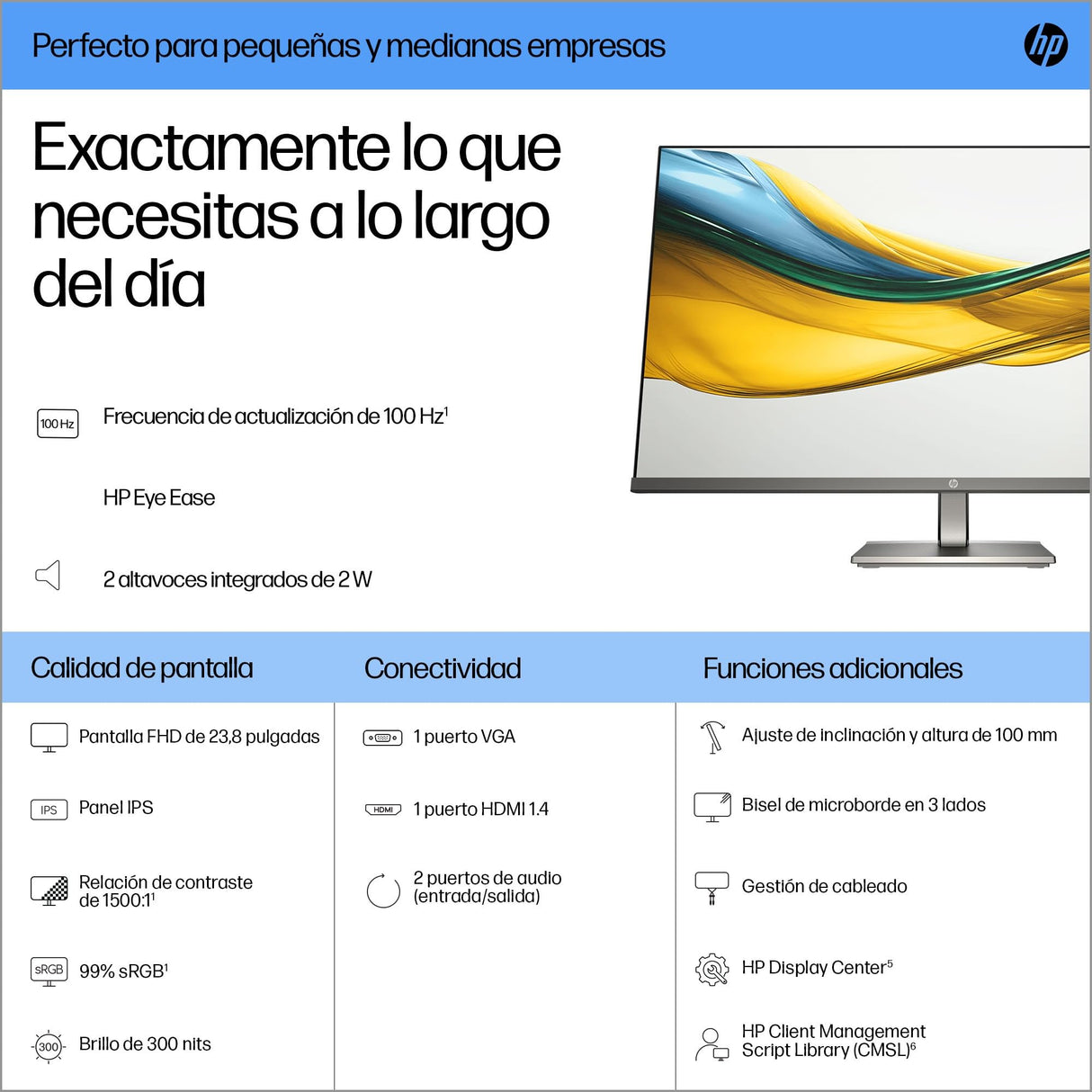 HP 527da - Monitor 27" FHD (1920x1080, IPS, 100Hz, 5 ms, 99% sRGB, 300 Nits, Contraste 1500:1, Altura e Inclinación Ajustables, Altavoces Integrados, Low Blue Light) Negro con Soporte Gris Metálico