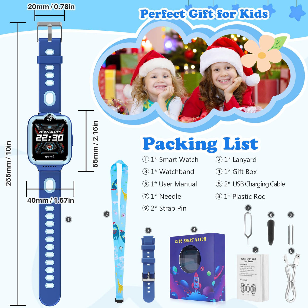 ele ELEOPTION 4G GPS Reloj Inteligente Impermeable para niños y niñas, Llamada bidireccional, Chat de Voz y vídeo, cámara, SOS, Reproductor de vídeo Musical, Alarma